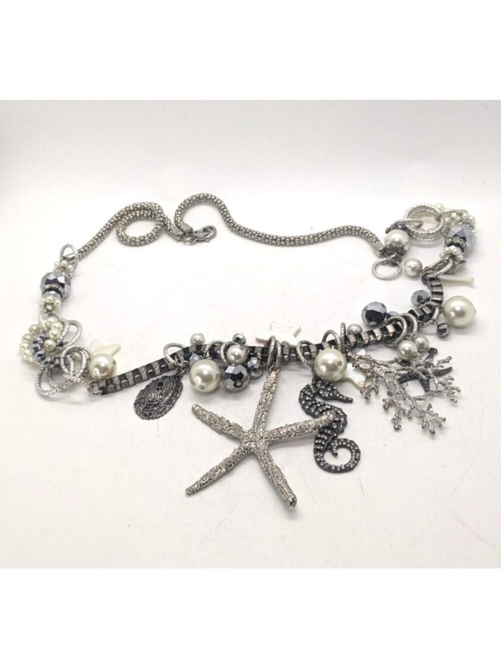 Charm Necklace Silver Tone Nautical Charms Starfish Coral Faux Pearls Rolo 36"